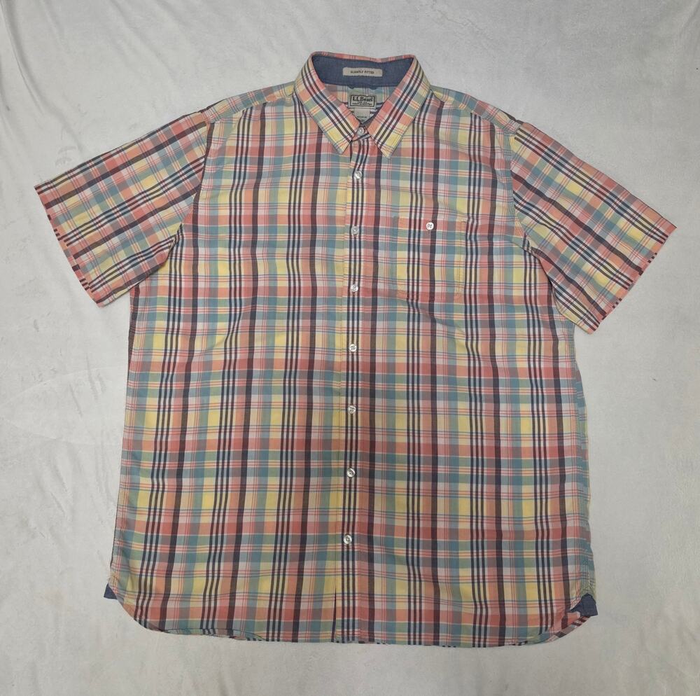 LL Bean Shirt Mens XL Tall Short Sleeve Button Down Plaid Multicolor Cotton